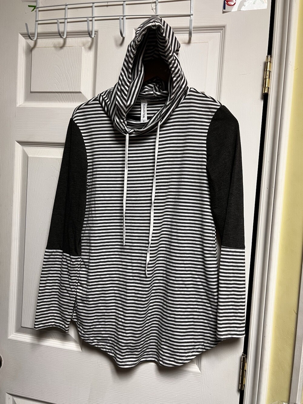 Tickled Teal Womens Small Gray White Striped Colorblock Hooded Cowl Neck Top